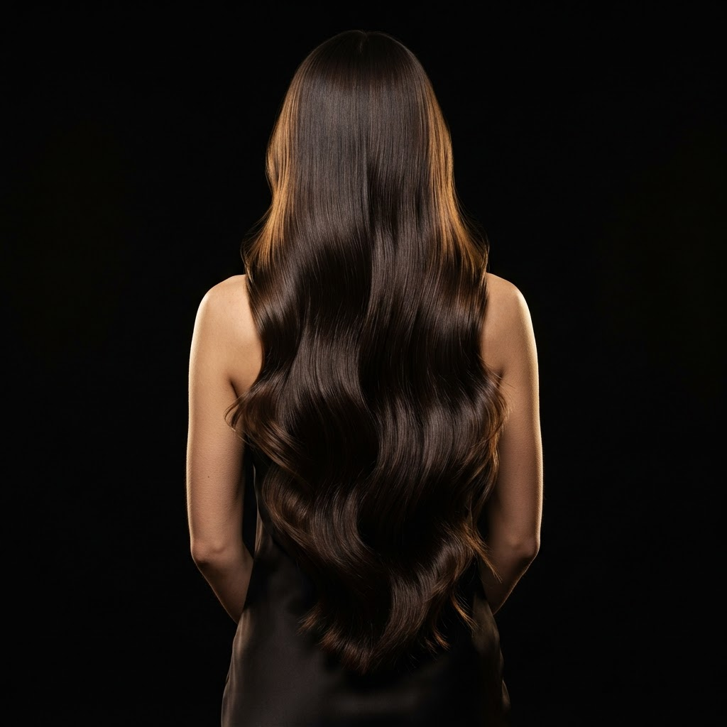 Cabelo escuro longo fluindo com toque seda
